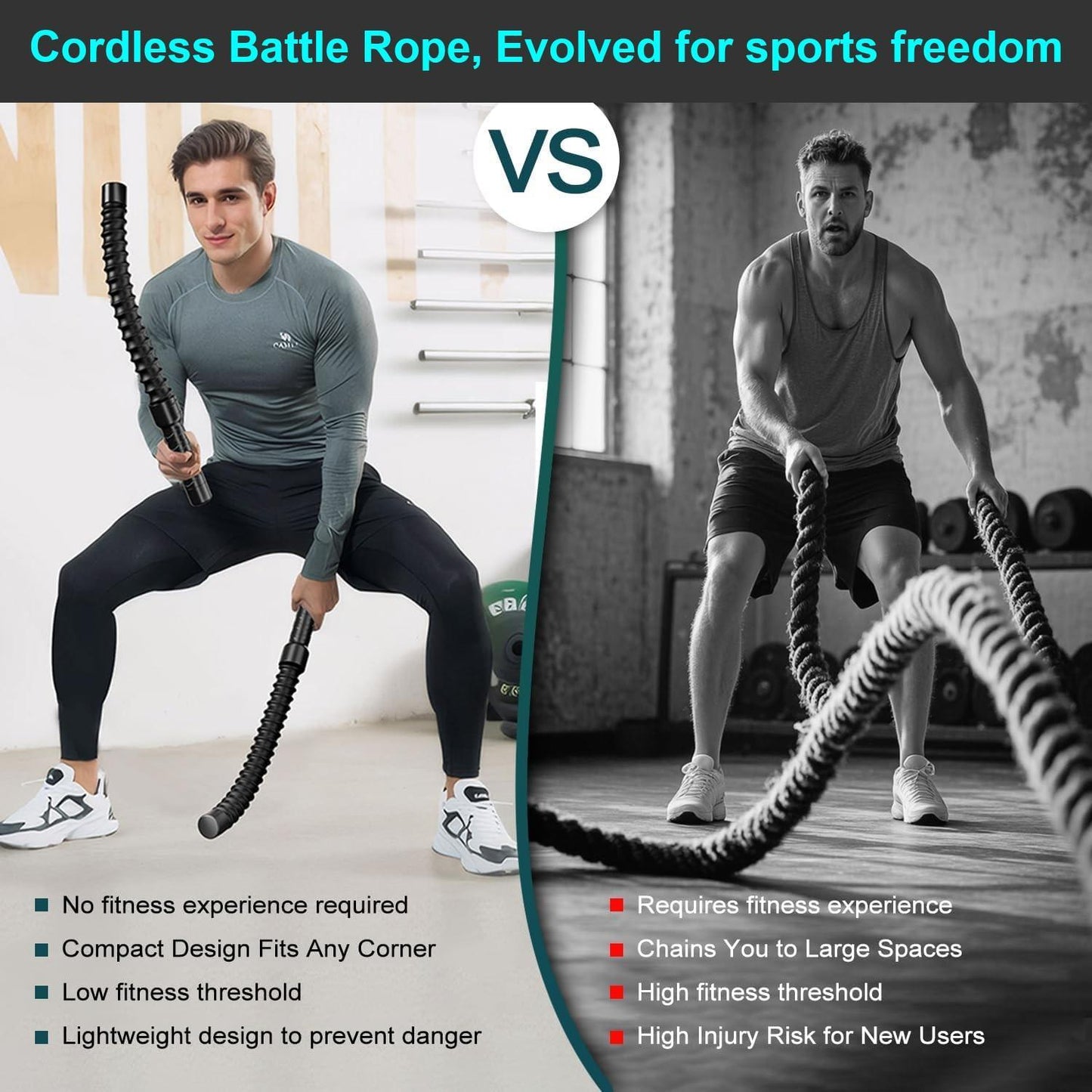 Cordless Battle Ropes with Non-Slip Handles – Home Gym Fitness Equipment for HIIT & Cardio Training